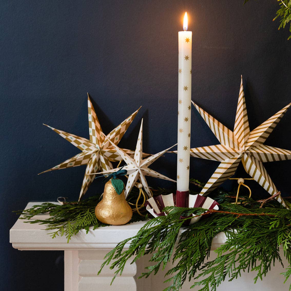 Gold Star Straight Dinner Candles - 12 Units Display | Christmas |
