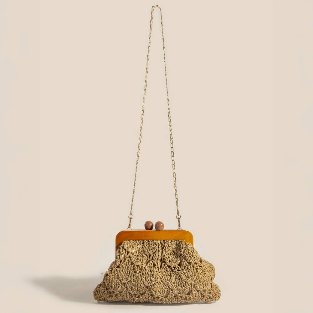 Straw Braided Wooden Frame Clutch Bag: KA
