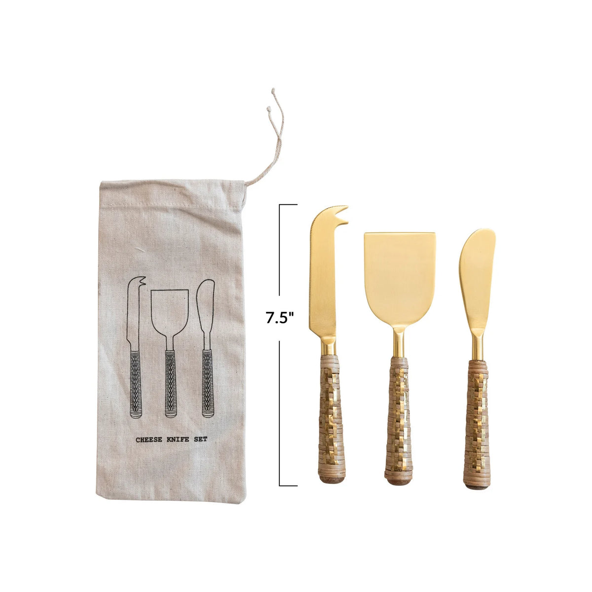 Stainless Steel Cheese Knives w/ Rattan Wrapped Handles, Set of 3 in Drawstring Bag