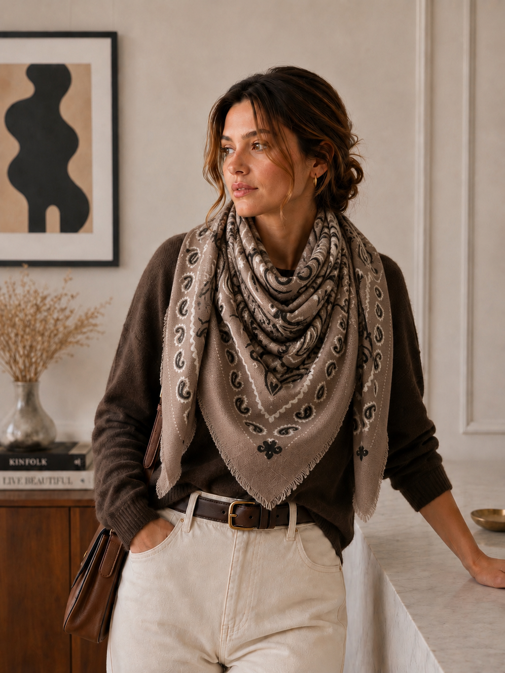 Large Woolen Square Bandana: Light taupe
