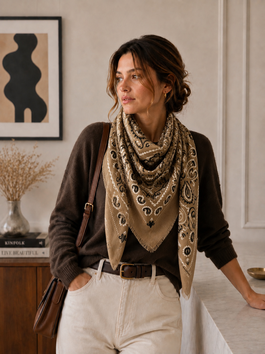 Large Woolen Square Bandana: Light taupe