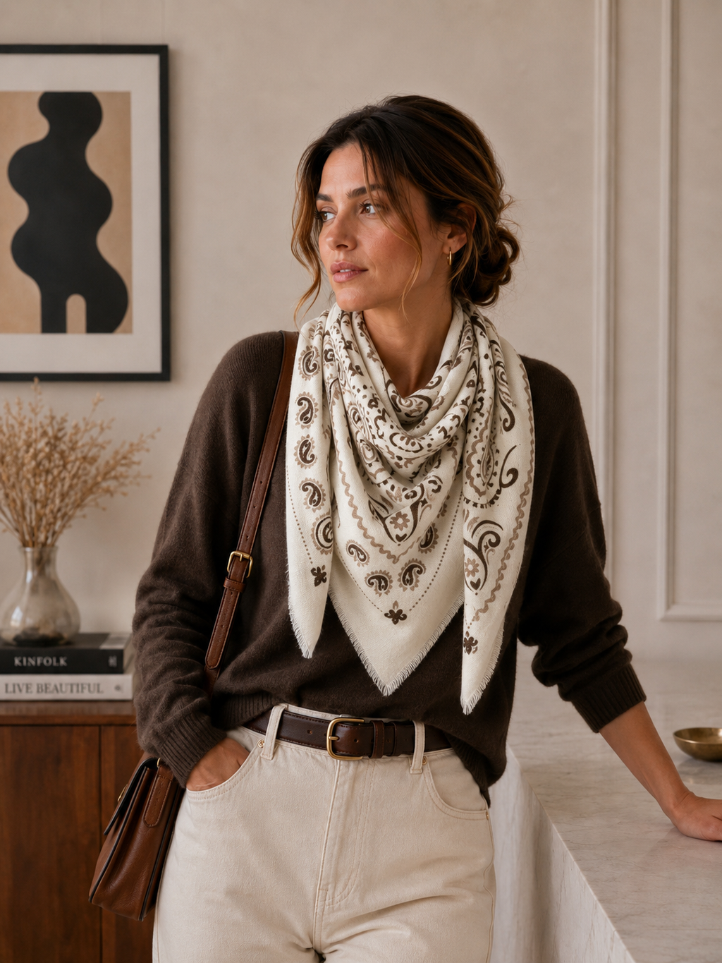 Large Woolen Square Bandana: Light taupe