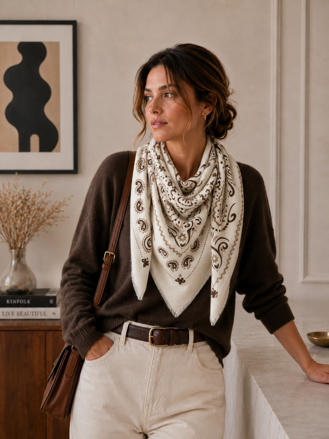 Large Woolen Square Bandana: Light taupe