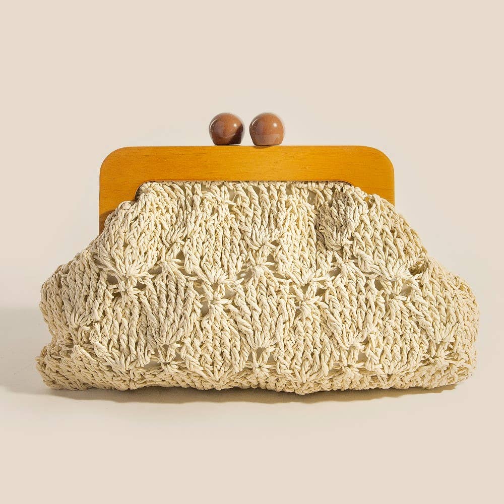Straw Braided Wooden Frame Clutch Bag: KA