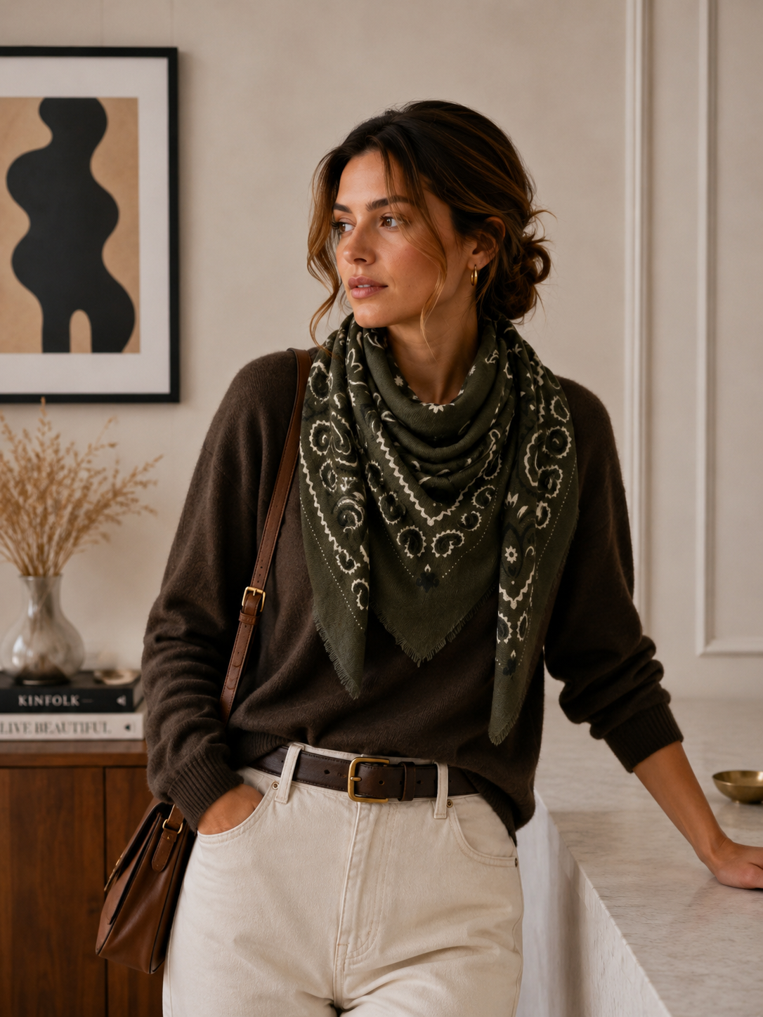Large Woolen Square Bandana: Light taupe