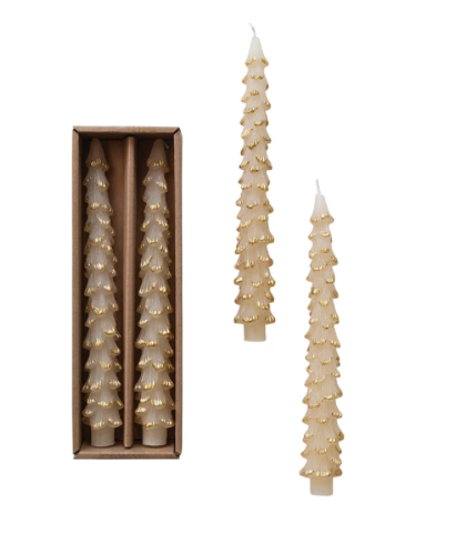 Unscented Tree Shaped Taper Candes in Box, Eggnog Color, Set of 2
