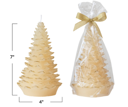 Unscented Tree Shaped Candle w/ Gold Tips, Eggnog Color