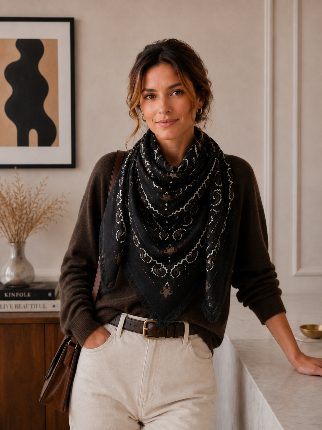 Large Woolen Square Bandana: Light taupe
