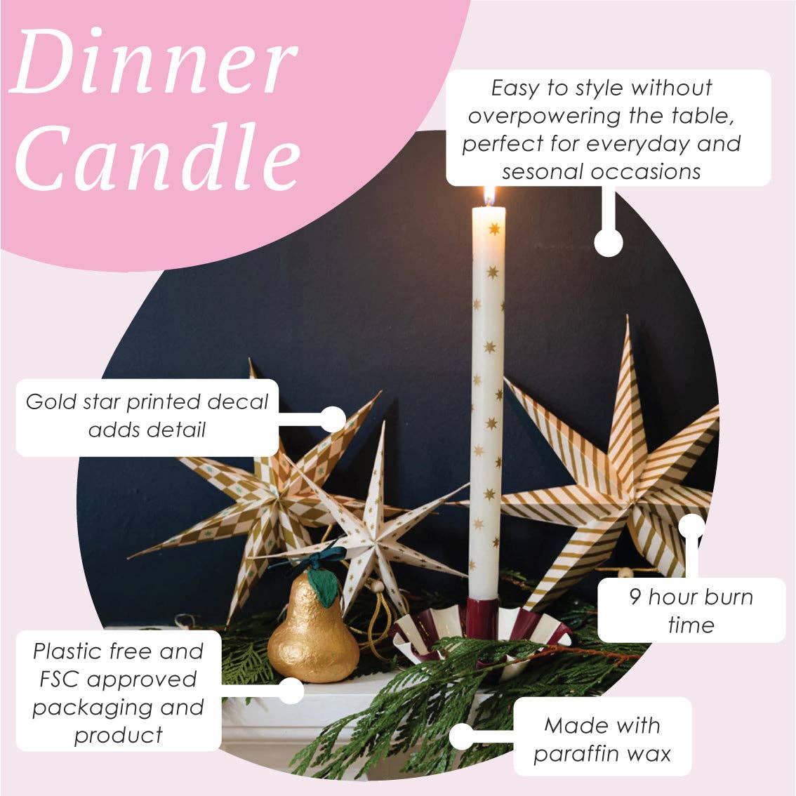 Gold Star Straight Dinner Candles - 12 Units Display | Christmas |