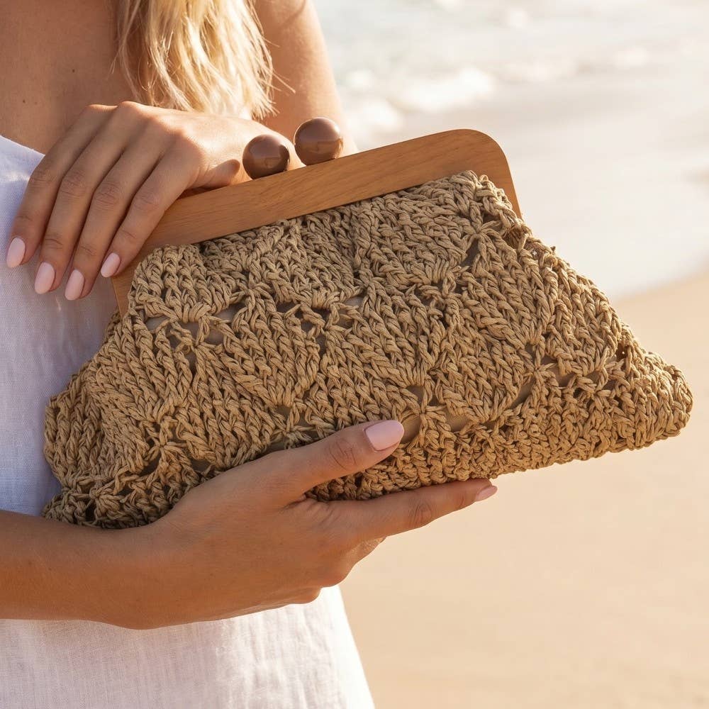 Straw Braided Wooden Frame Clutch Bag: KA
