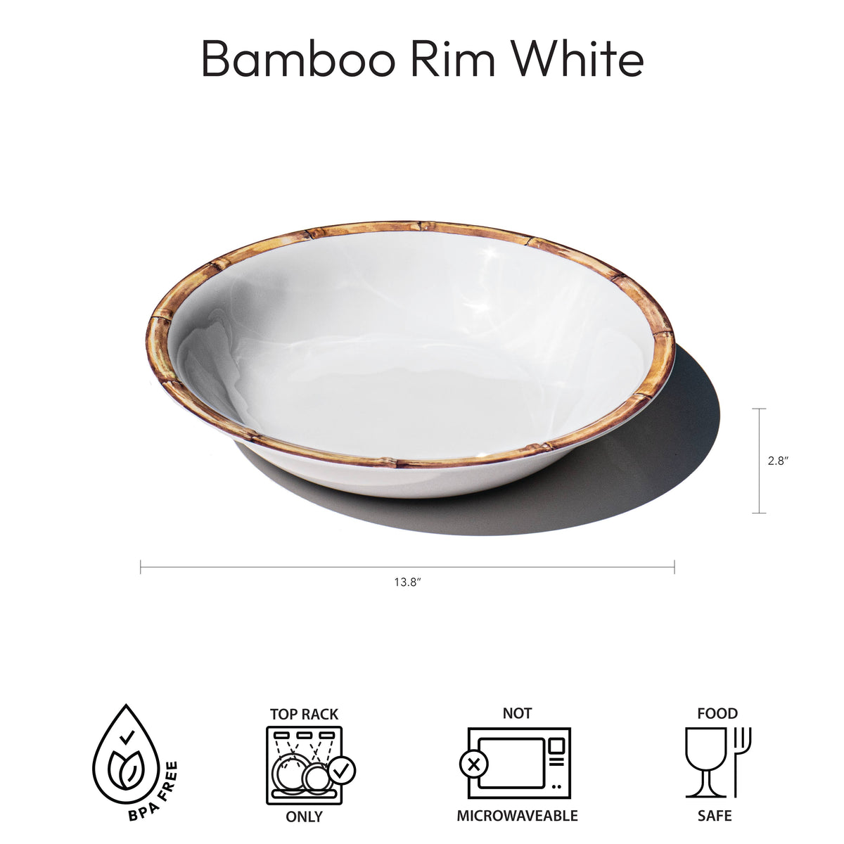 Bamboo Rim Melamine Serve Bowl, White, 13.8"/ 126 oz