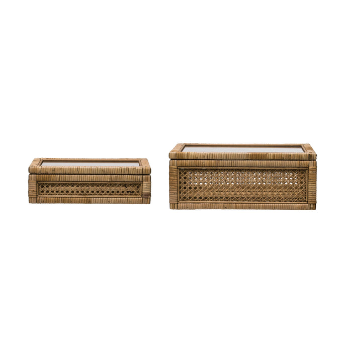 Rattan Display Boxes with Glass Lids/ Set of 2